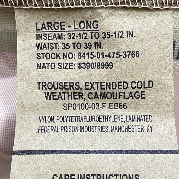 Men’s NWT Large Long Trousers Extended Cold Weather Camouflage Gore Seam - Picture 12 of 13